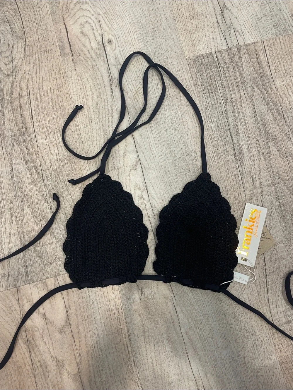 Frankie's Bikinis Black Crochet Triangle Bandeau Top